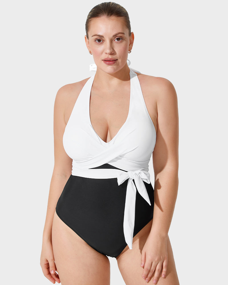 Halter Neck Twisted Belted One-Piece Swimsuit