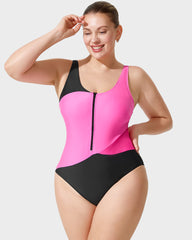 Trendy Color-Blocked Front Zip Tank Swimsuit