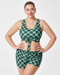 Green Checkered Knot Crop Top Bikini Set with Shorts (3-Piece Set)