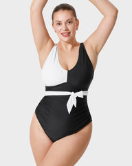 Color-Blocked Belted One-Piece Swimsuit