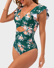 Ruffle Sleeve Cut-Out Ruched One-Piece Swimsuit