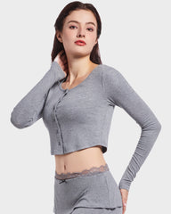 Modal Ribbed Cotton Button Down Long Sleeve Crop Top