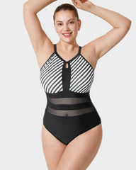 Halter Neck Stripes Mesh Insert One-Piece Swimsuit