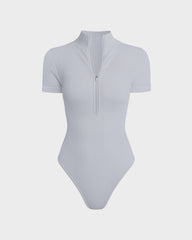 Ribbed Short Sleeve Half-Zip Sculpting Bodysuit