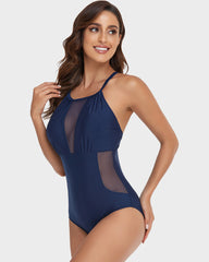 Mesh Panel Cross-Back One-Piece Swimsuit