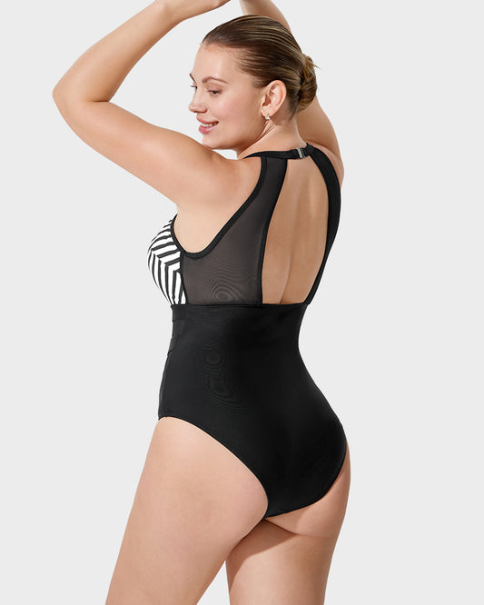 Halter Neck Stripes Mesh Insert One-Piece Swimsuit