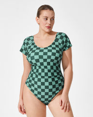 Green Check Short Sleeve Modest One-Piece Swimsuit