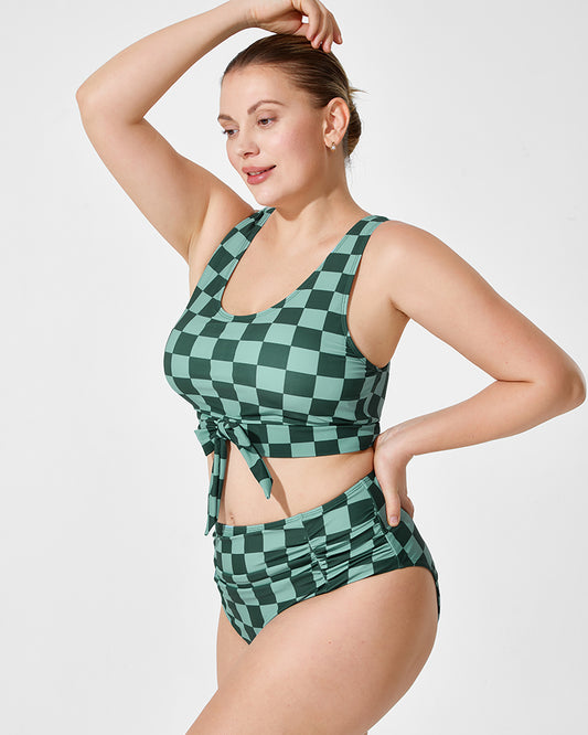 Green Checkered Knot Crop Top Bikini Set with Shorts (3-Piece Set)