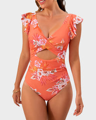 Ruffle Sleeve Cut-Out Ruched One-Piece Swimsuit