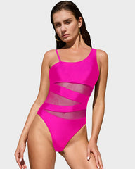 One Shoulder Mesh Insert High Cut One-Piece Swimsuit