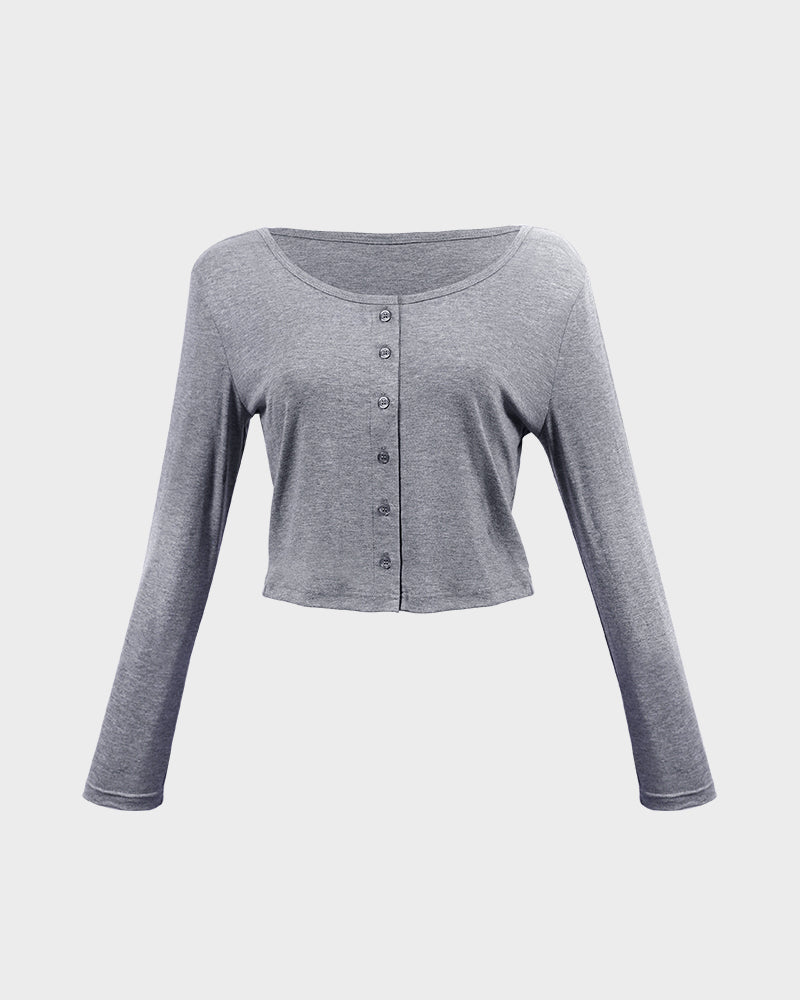 Modal Ribbed Cotton Button Down Long Sleeve Crop Top