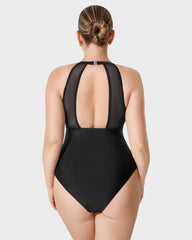 Halter Neck Stripes Mesh Insert One-Piece Swimsuit