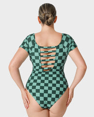 Green Check Short Sleeve Modest One-Piece Swimsuit