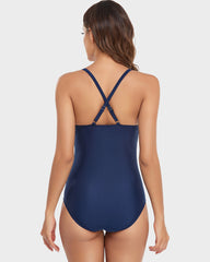 Mesh Panel Cross-Back One-Piece Swimsuit