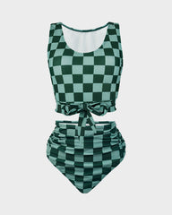 Green Checkered Knot Crop Top Bikini Set with Shorts (3-Piece Set)