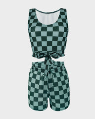 Green Checkered Knot Crop Top Bikini Set with Shorts (3-Piece Set)