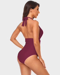 Halter Neck Deep V Ruched One-Piece Swimsuit