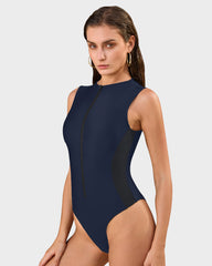 Zip Front High Neck Lace-Up Back Sculpting Swimsuit