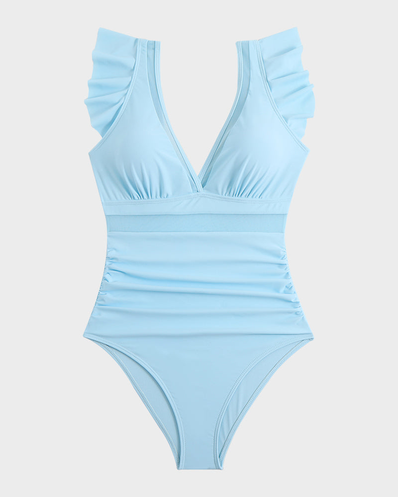 Deep V Ruffled Sleeve Mesh Panel Ruched Swimsuit