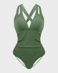 Ribbed Deep V Cross Back Tie One-Piece Swimsuit