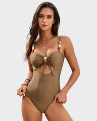 Stylish Beaded Satin Cut-Out Swimsuit