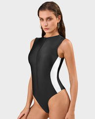 Zip Front High Neck Lace-Up Back Sculpting Swimsuit