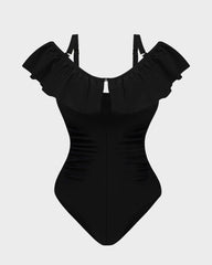 Drop-Shoulder Ruffled Zip-Front Shapewear Swimsuit