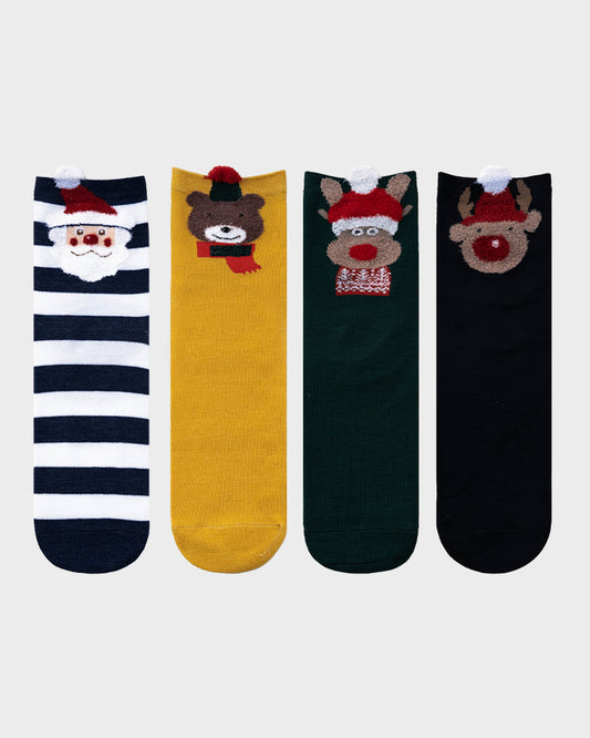 Christmas Cartoon Animal Print Comfort Socks (4 Pack)