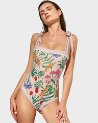 Reversible Tie-Strap Floral Print One-Piece Swimsuit