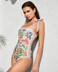 Reversible Tie-Strap Floral Print One-Piece Swimsuit