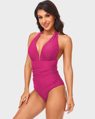 Halter Neck Deep V Ruched One-Piece Swimsuit