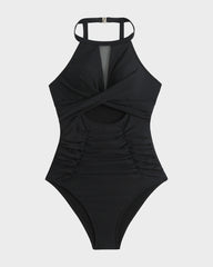 Round Neck Cut-Out Mesh Panel Ruched Swimsuit