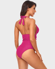 Halter Neck Deep V Ruched One-Piece Swimsuit