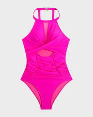 Round Neck Cut-Out Mesh Panel Ruched Swimsuit