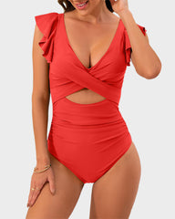 Ruffle Sleeve Cut-Out Ruched One-Piece Swimsuit