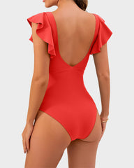 Ruffle Sleeve Cut-Out Ruched One-Piece Swimsuit