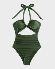 Halter Neck Cut-Out  Ruched One Piece Swimsuit