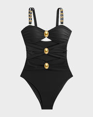 Gold Beads Detailing Cut-Out Ruched One Piece Swimsuit