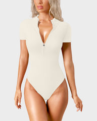 Ribbed Short Sleeve Half-Zip Sculpting Bodysuit