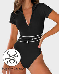 Ribbed Short Sleeve Half-Zip Sculpting Bodysuit