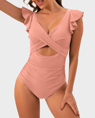 Ruffle Sleeve Cut-Out Ruched One-Piece Swimsuit