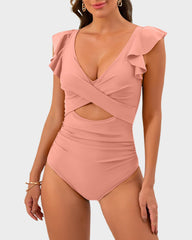 Ruffle Sleeve Cut-Out Ruched One-Piece Swimsuit