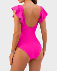 Ruffle Sleeve Cut-Out Ruched One-Piece Swimsuit