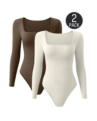 SheCurve® Trendy Square Neck Long Sleeve Bodysuit (2 Pack)