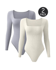 SheCurve® Trendy Square Neck Long Sleeve Bodysuit (2 Pack)