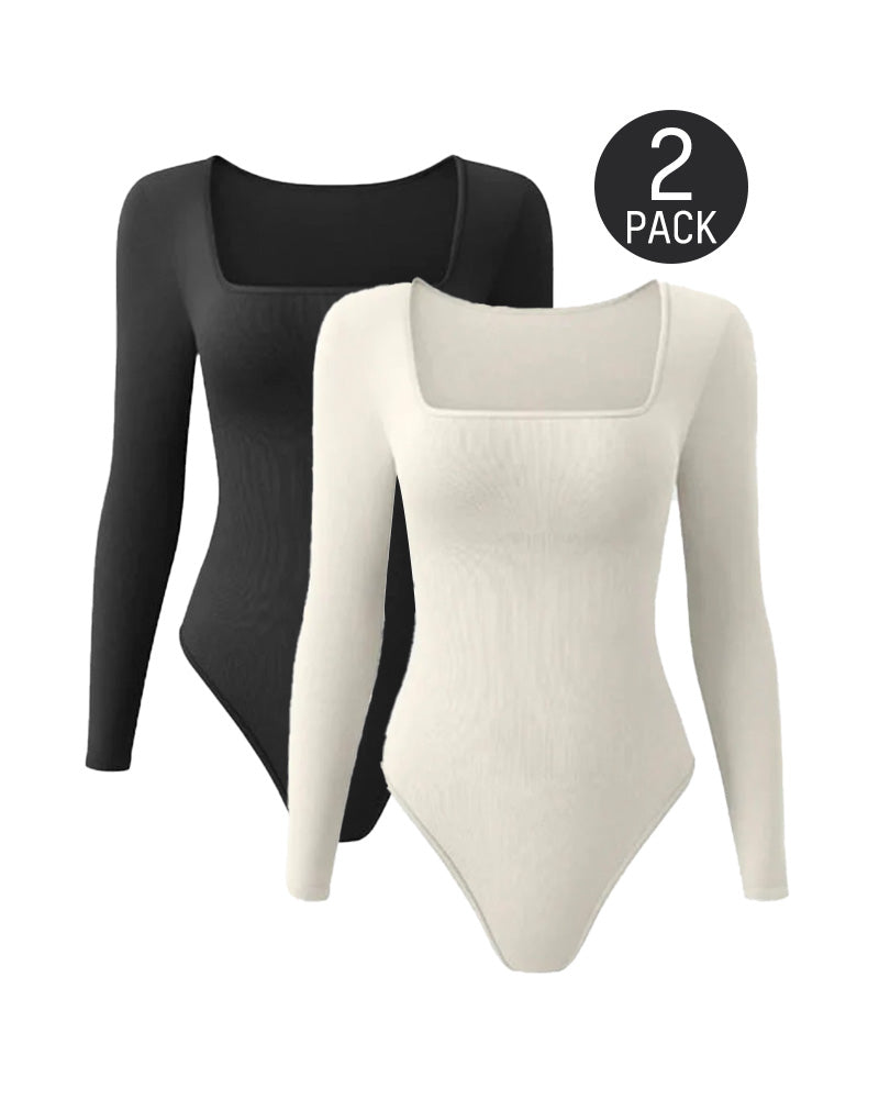 SheCurve® Trendy Square Neck Long Sleeve Bodysuit (2 Pack)