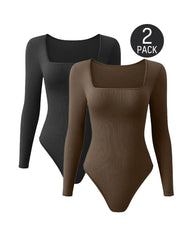 SheCurve® Trendy Square Neck Long Sleeve Bodysuit (2 Pack)