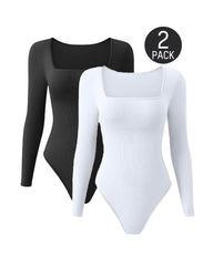 SheCurve® Trendy Square Neck Long Sleeve Bodysuit (2 Pack)