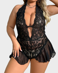 Lace Halter Teddy with Sheer Skirt