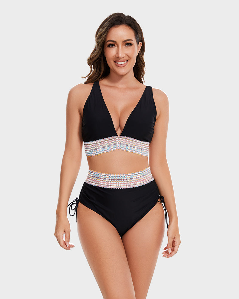 SheCurve®High Waisted Tummy Control Color Block Bikini Sets